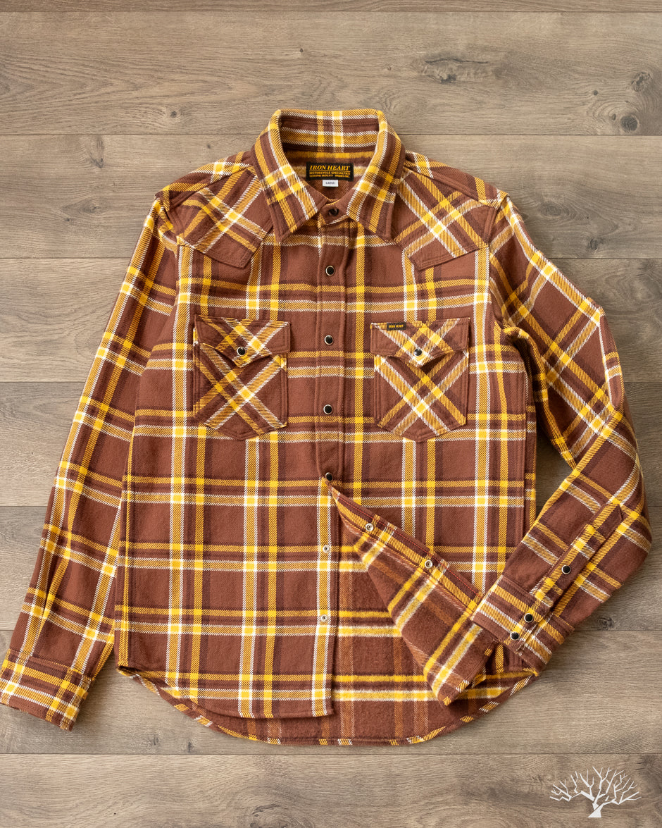Iron Heart IHSH-372-BRN - Ultra Heavy Flannel Crazy Check Western Shirt - Brown