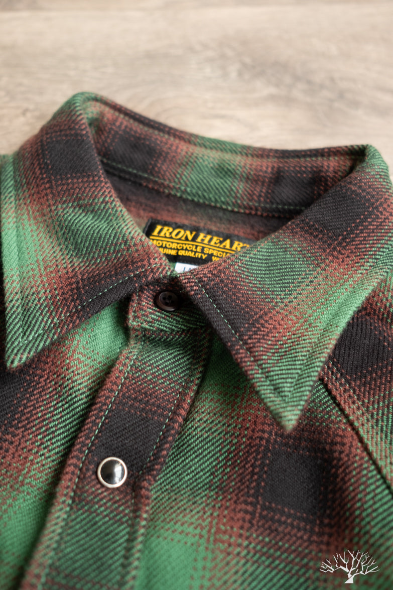 Iron Heart IHSH-373-GRN - Ultra Heavy Flannel Ombré Check Western Shirt - Green