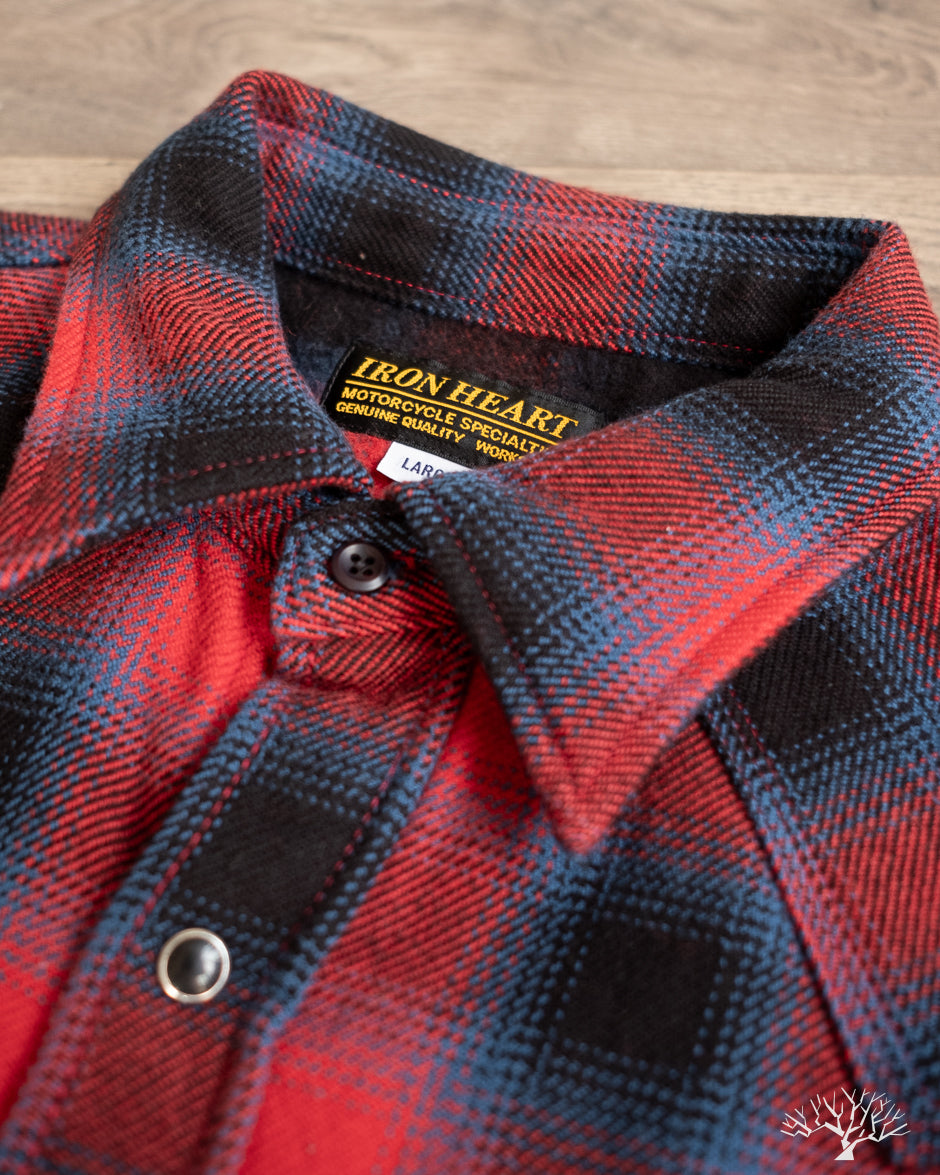 Iron Heart IHSH-373-RED - Ultra Heavy Flannel Ombré Check Western Shirt - Red