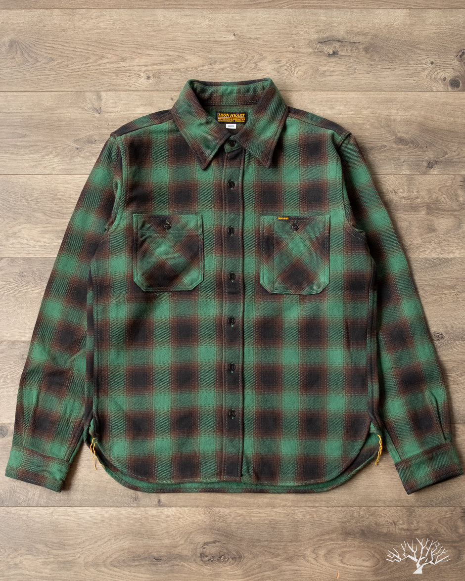 Iron Heart IHSH-379-GRN - Ultra Heavy Flannel Ombré Check Work Shirt - Green