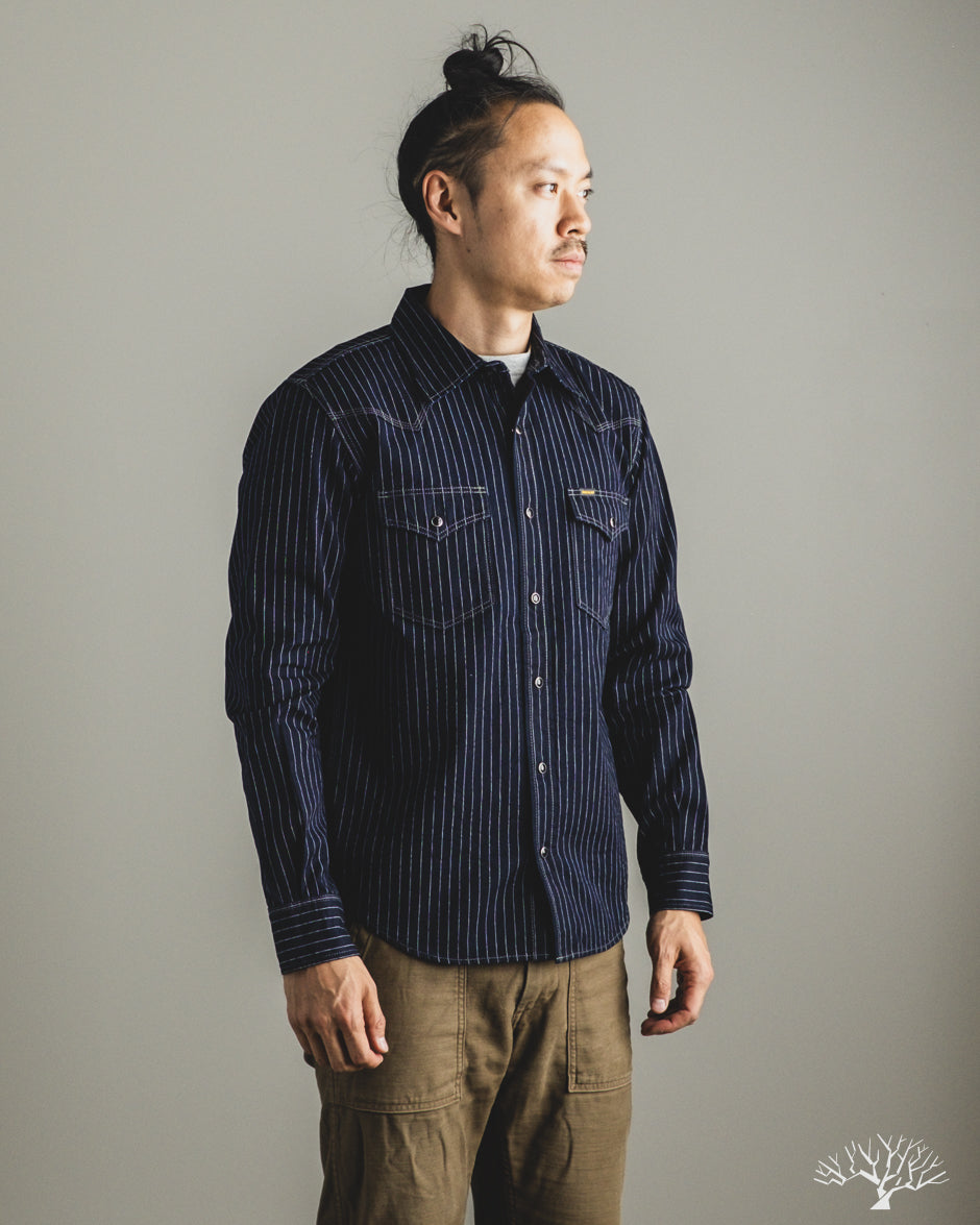 Iron Heart IHSH-424-IND - 8.5oz Herringbone Stripe Western Shirt - Indigo