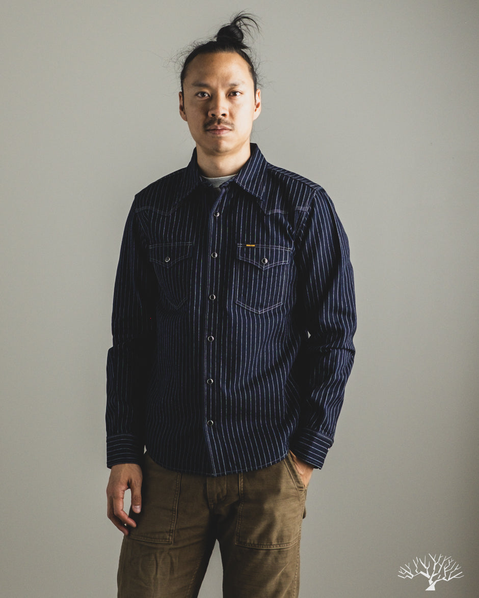 Iron Heart IHSH-424-IND - 8.5oz Herringbone Stripe Western Shirt - Indigo