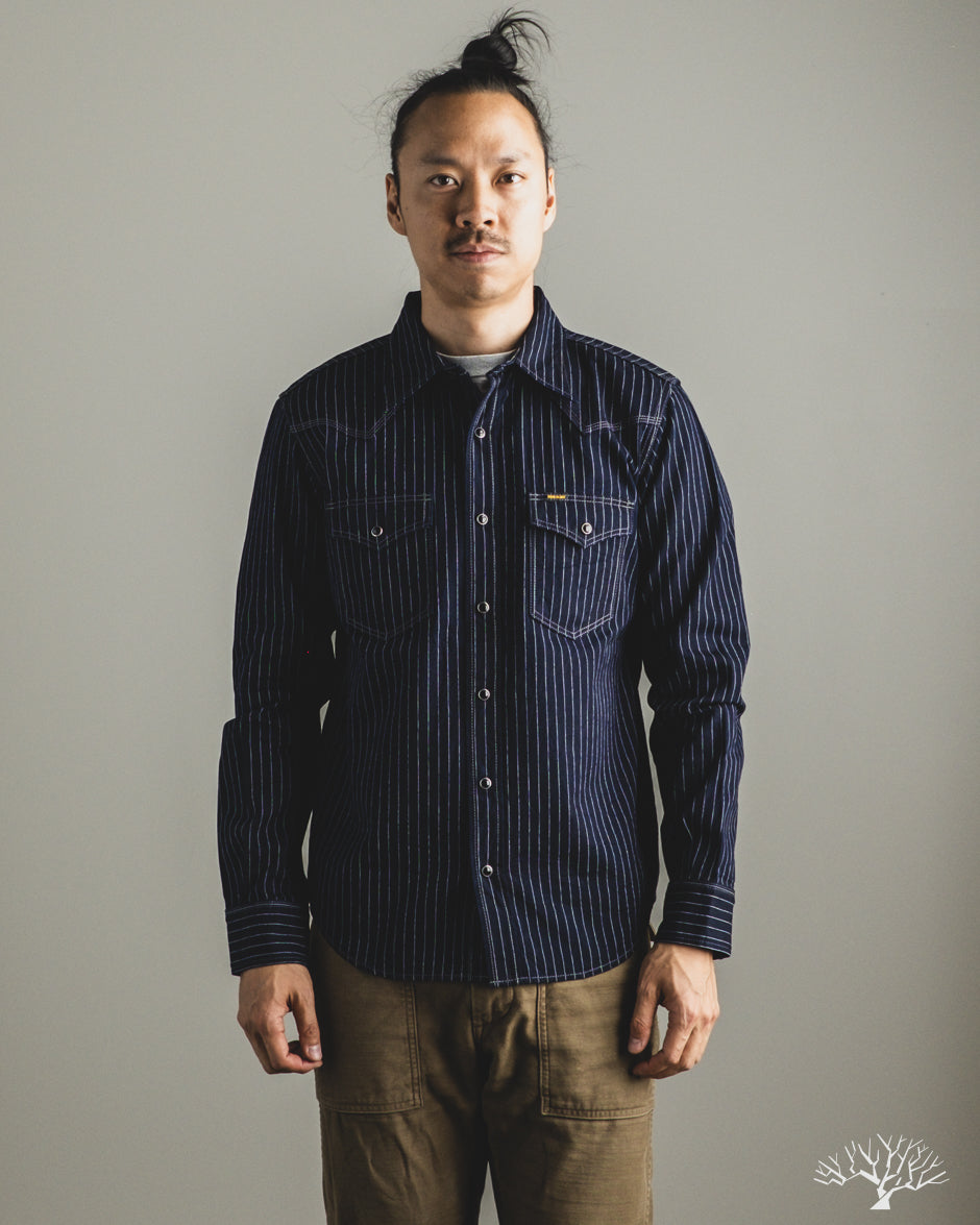 Iron Heart IHSH-424-IND - 8.5oz Herringbone Stripe Western Shirt - Indigo