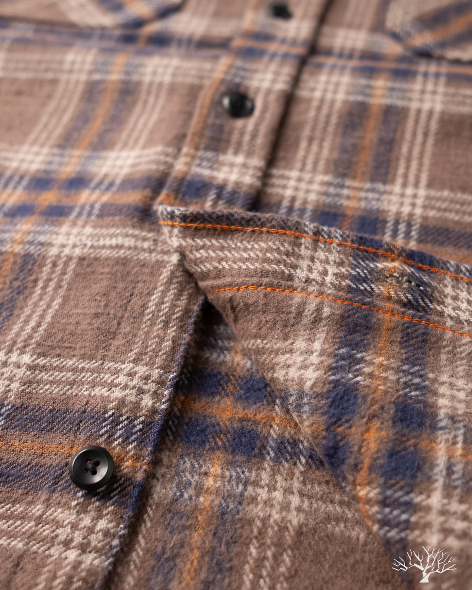 Iron Heart IHSH-430-BRN - Slubby Heavy Flannel Check Work Overshirt - Brown