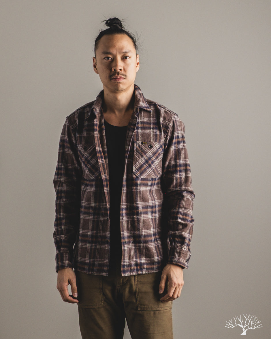 Iron Heart IHSH-430-BRN - Slubby Heavy Flannel Check Work Overshirt - Brown