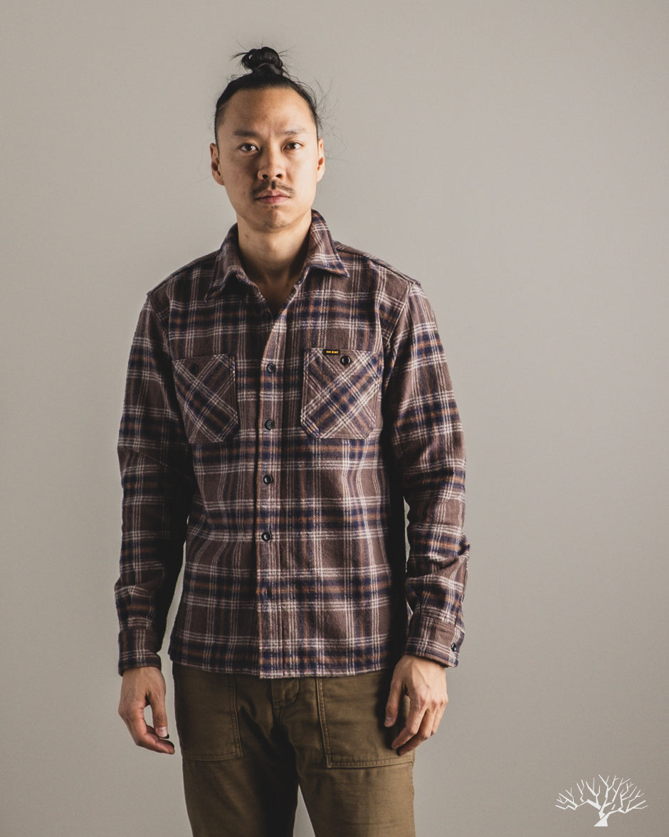 Iron Heart IHSH-430-BRN - Slubby Heavy Flannel Check Work Overshirt - Brown