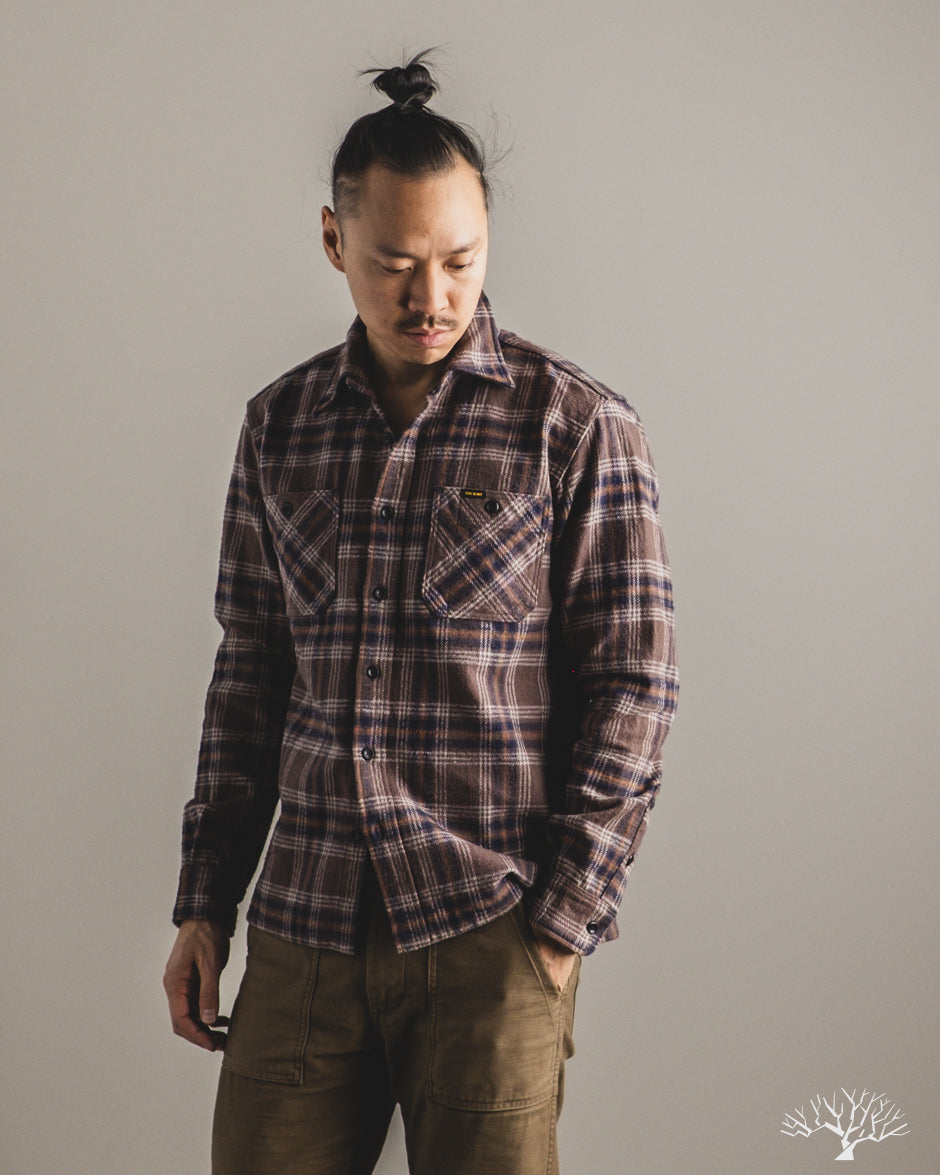 Iron Heart IHSH-430-BRN - Slubby Heavy Flannel Check Work Overshirt - Brown