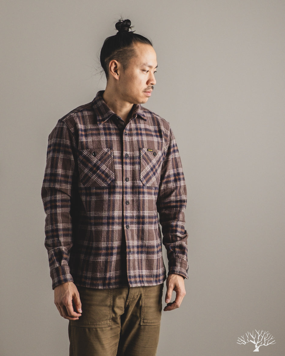 Iron Heart IHSH-430-BRN - Slubby Heavy Flannel Check Work Overshirt - Brown