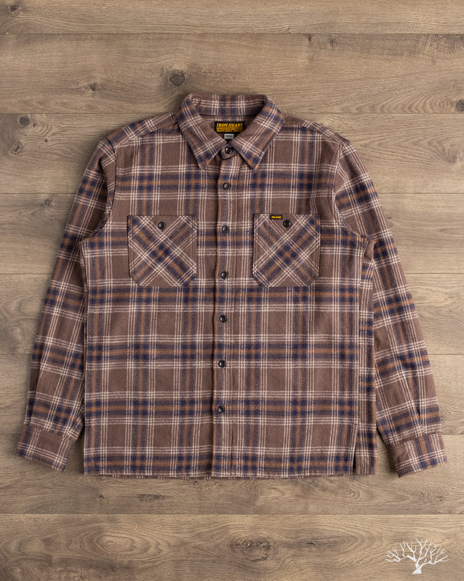 Iron Heart IHSH-430-BRN - Slubby Heavy Flannel Check Work Overshirt - Brown