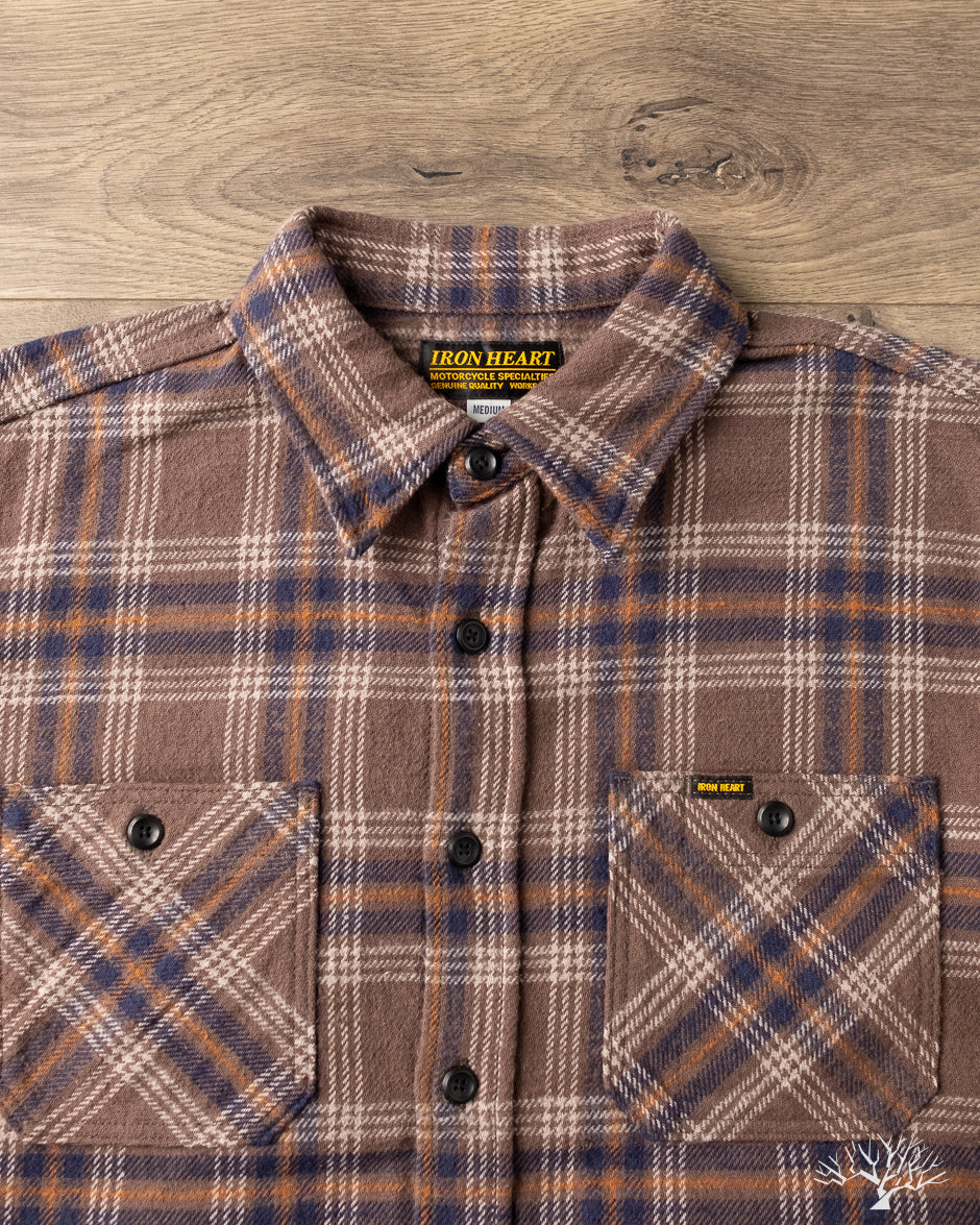 Iron Heart IHSH-430-BRN - Slubby Heavy Flannel Check Work Overshirt - Brown