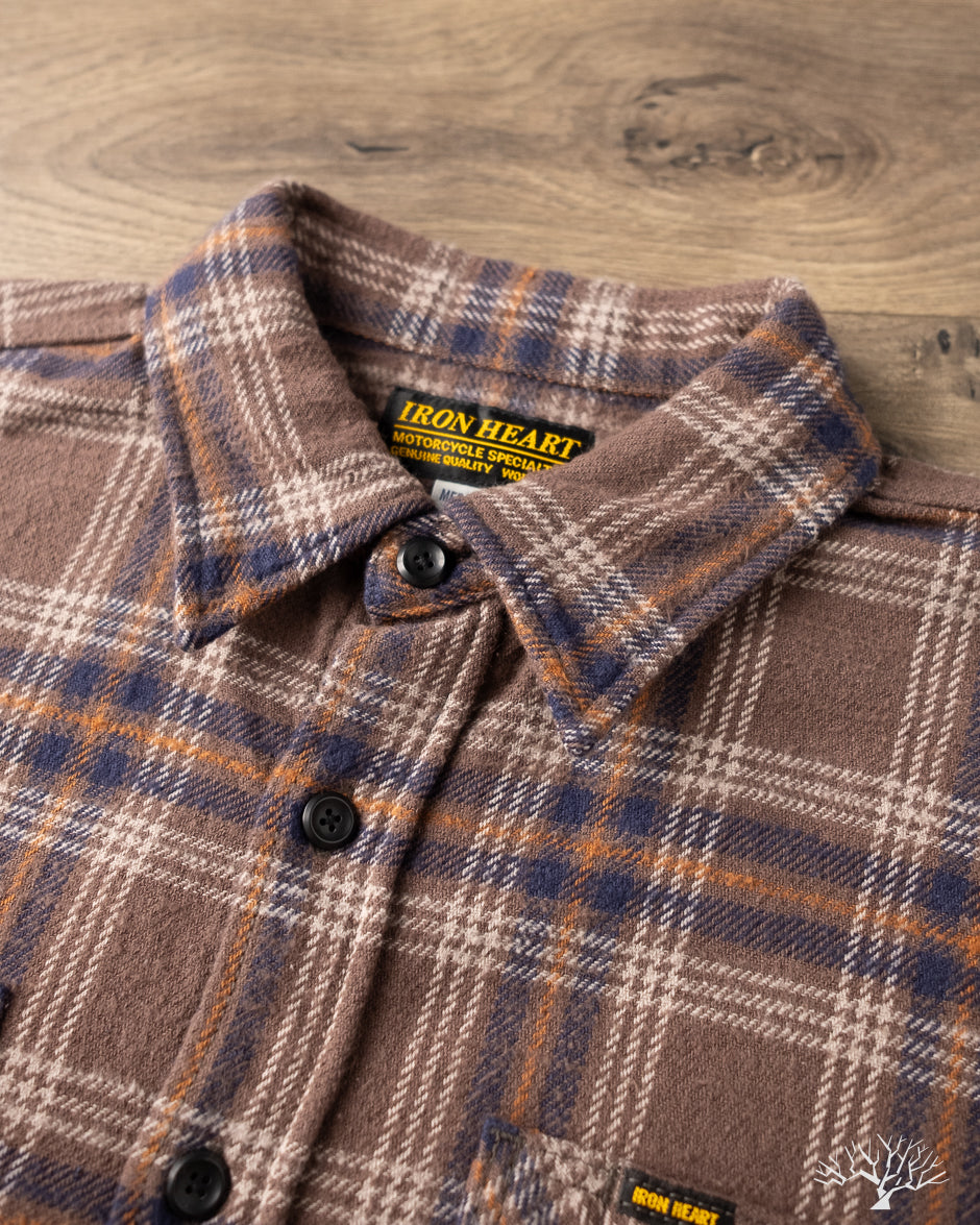 Iron Heart IHSH-430-BRN - Slubby Heavy Flannel Check Work Overshirt - Brown