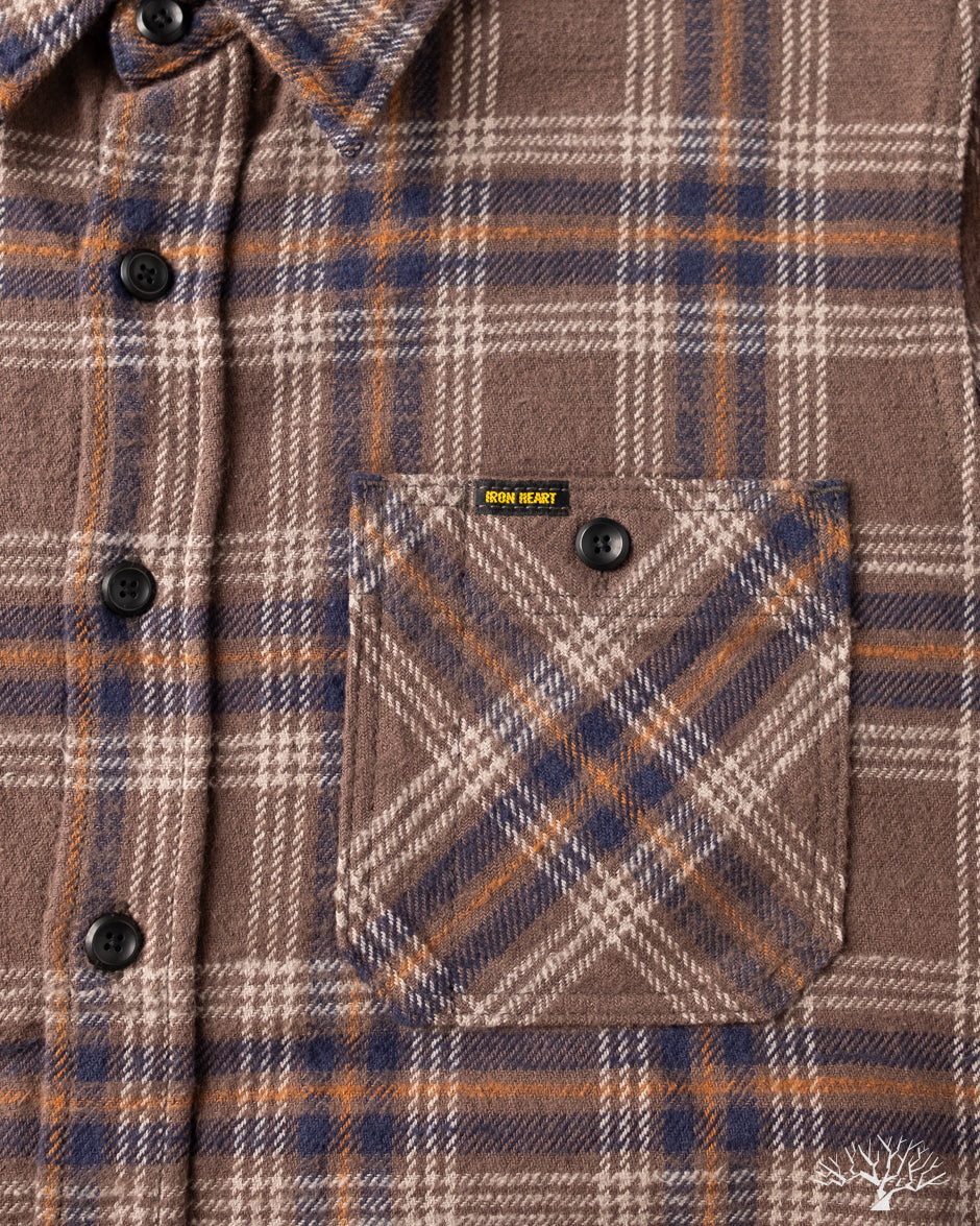 Iron Heart IHSH-430-BRN - Slubby Heavy Flannel Check Work Overshirt - Brown