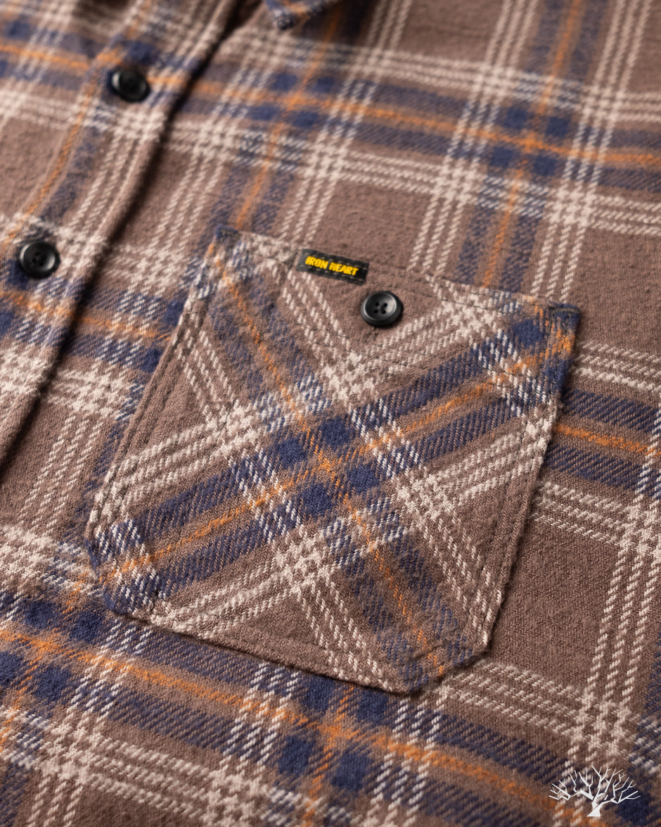 Iron Heart IHSH-430-BRN - Slubby Heavy Flannel Check Work Overshirt - Brown