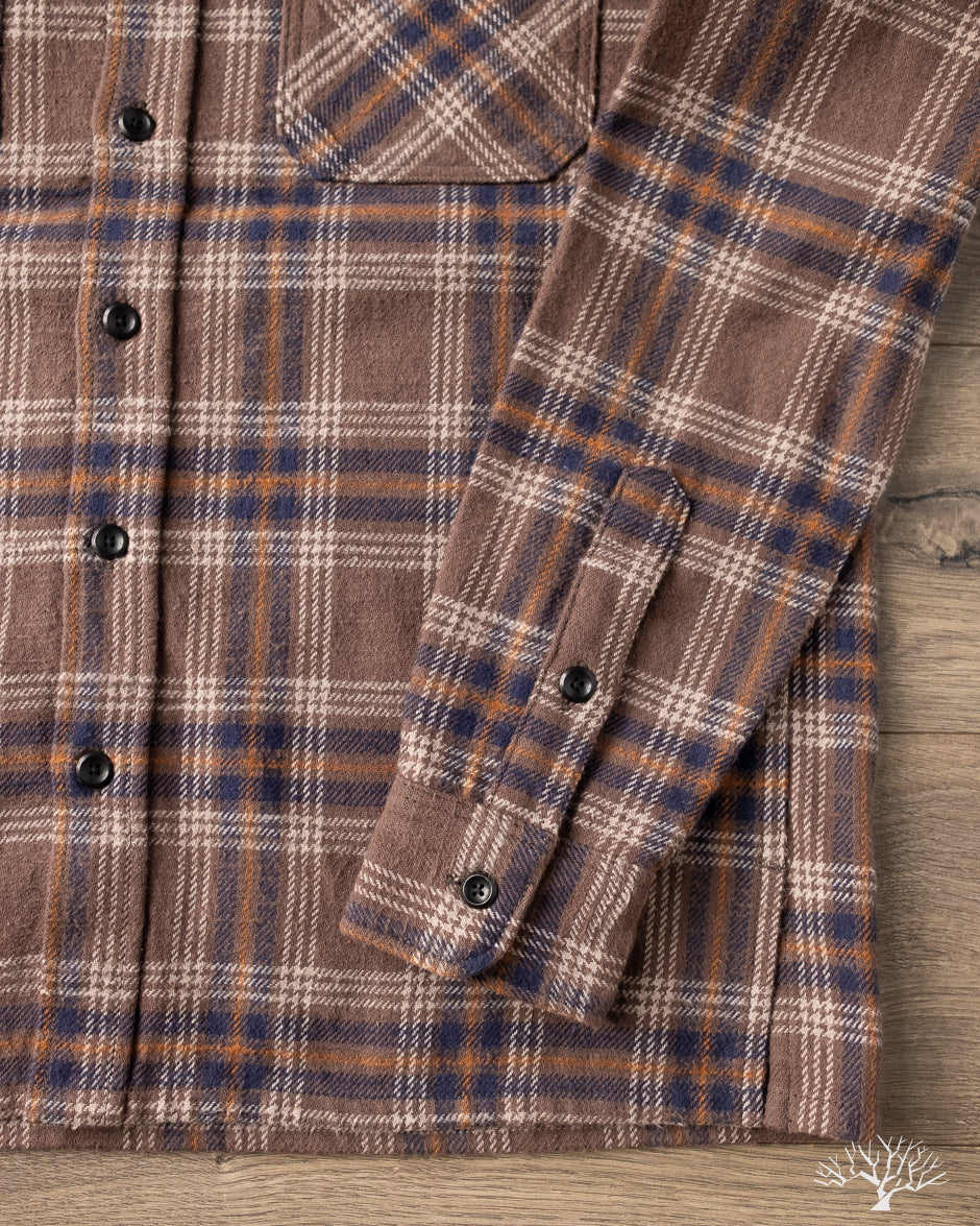 Iron Heart IHSH-430-BRN - Slubby Heavy Flannel Check Work Overshirt - Brown