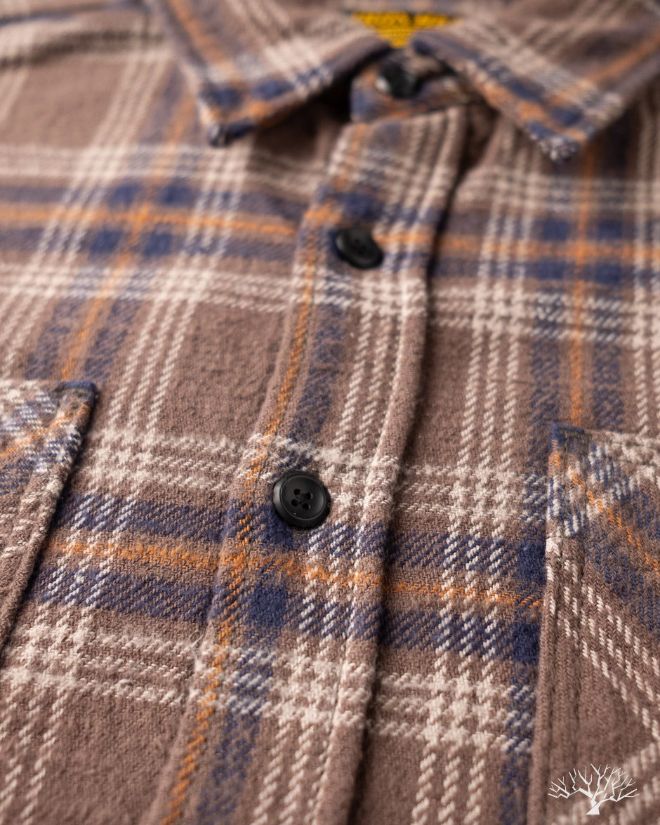 Iron Heart IHSH-430-BRN - Slubby Heavy Flannel Check Work Overshirt - Brown