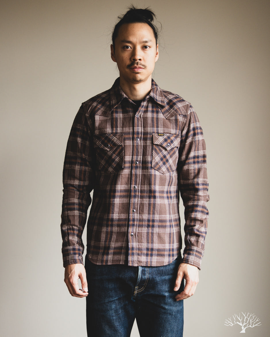 Iron Heart IHSH-431-BRN - Slubby Heavy Flannel Check Western Shirt - Brown