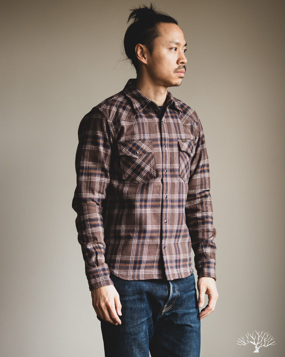 Iron Heart IHSH-431-BRN - Slubby Heavy Flannel Check Western Shirt - Brown