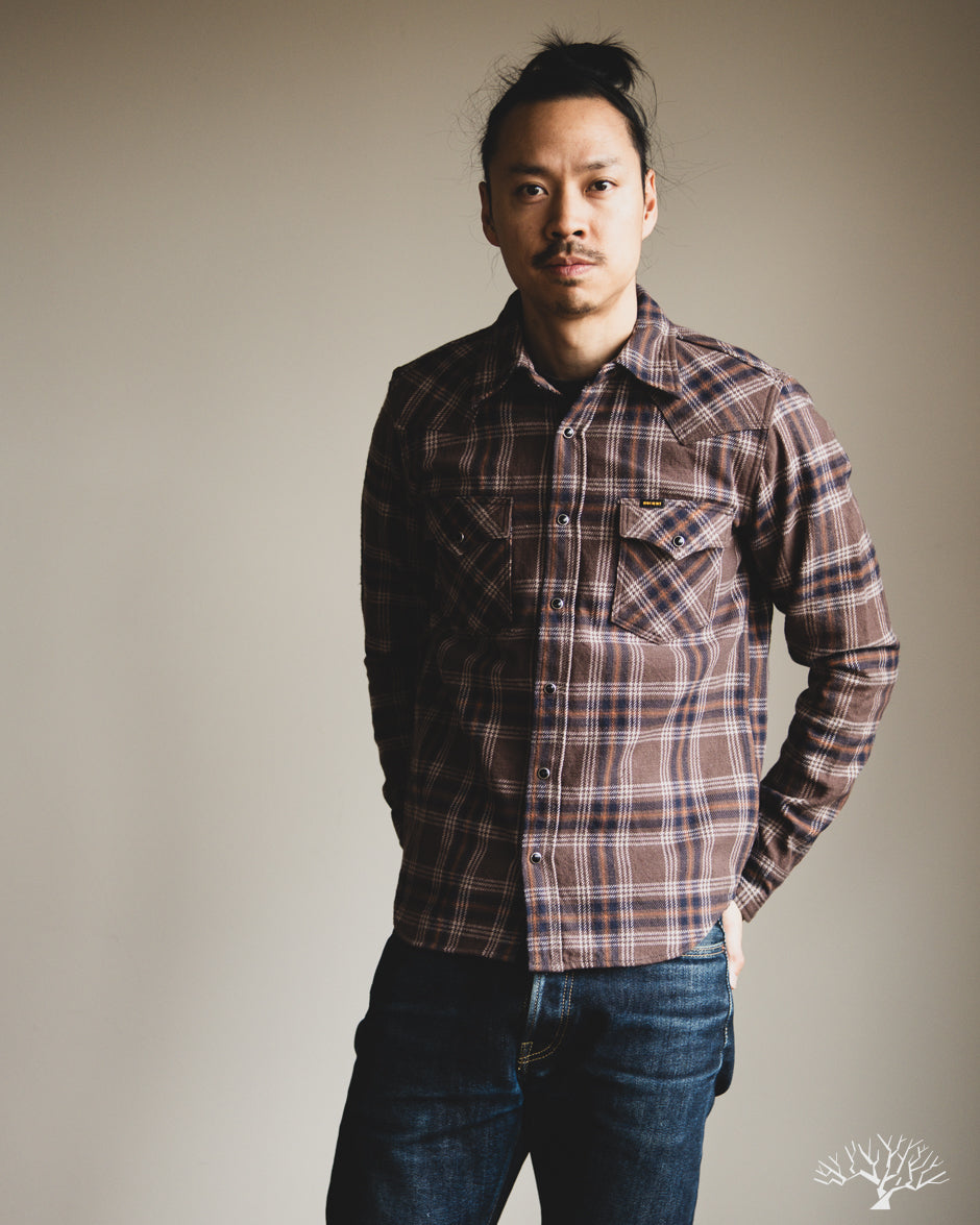 Iron Heart IHSH-431-BRN - Slubby Heavy Flannel Check Western Shirt - Brown
