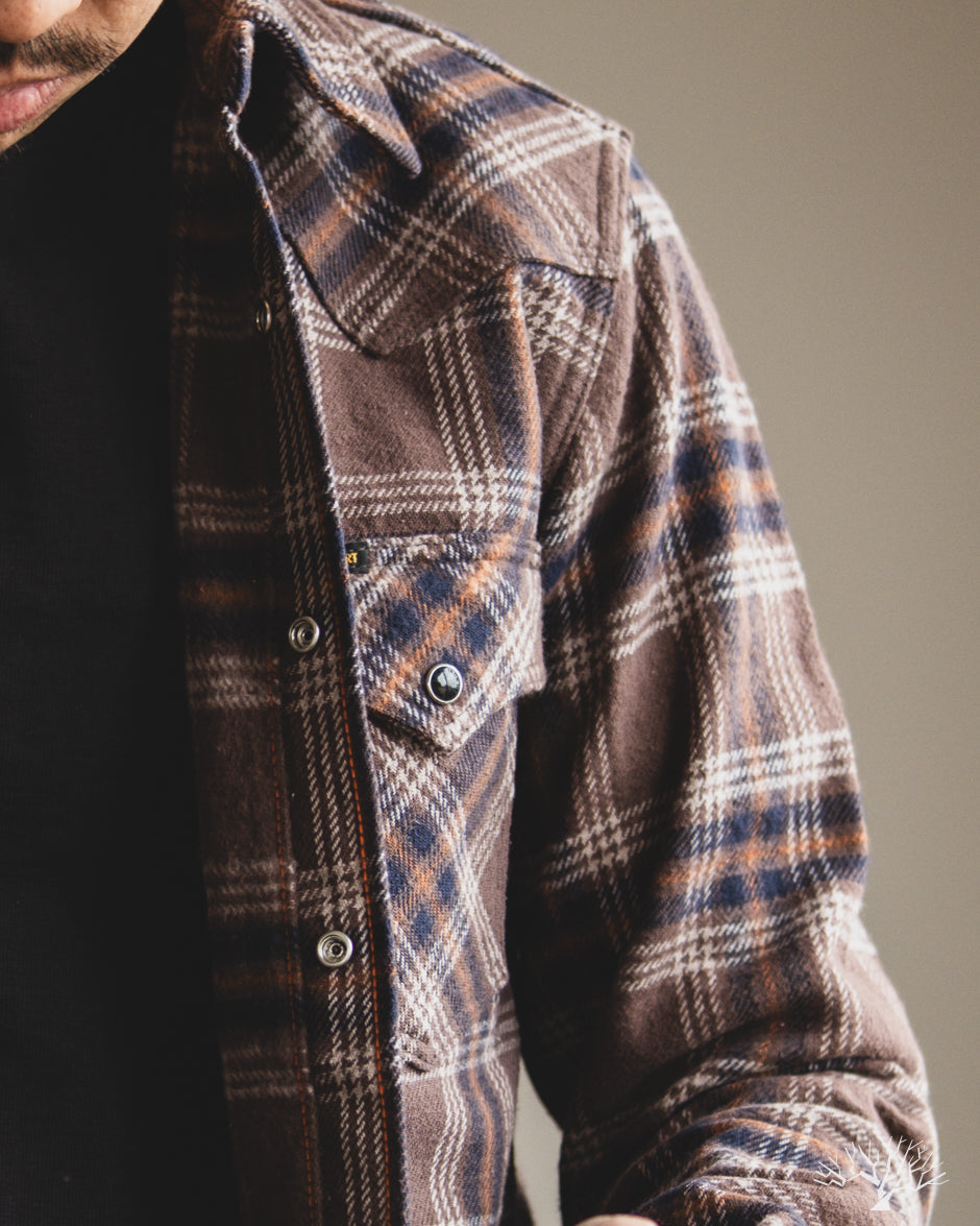 Iron Heart IHSH-431-BRN - Slubby Heavy Flannel Check Western Shirt - Brown