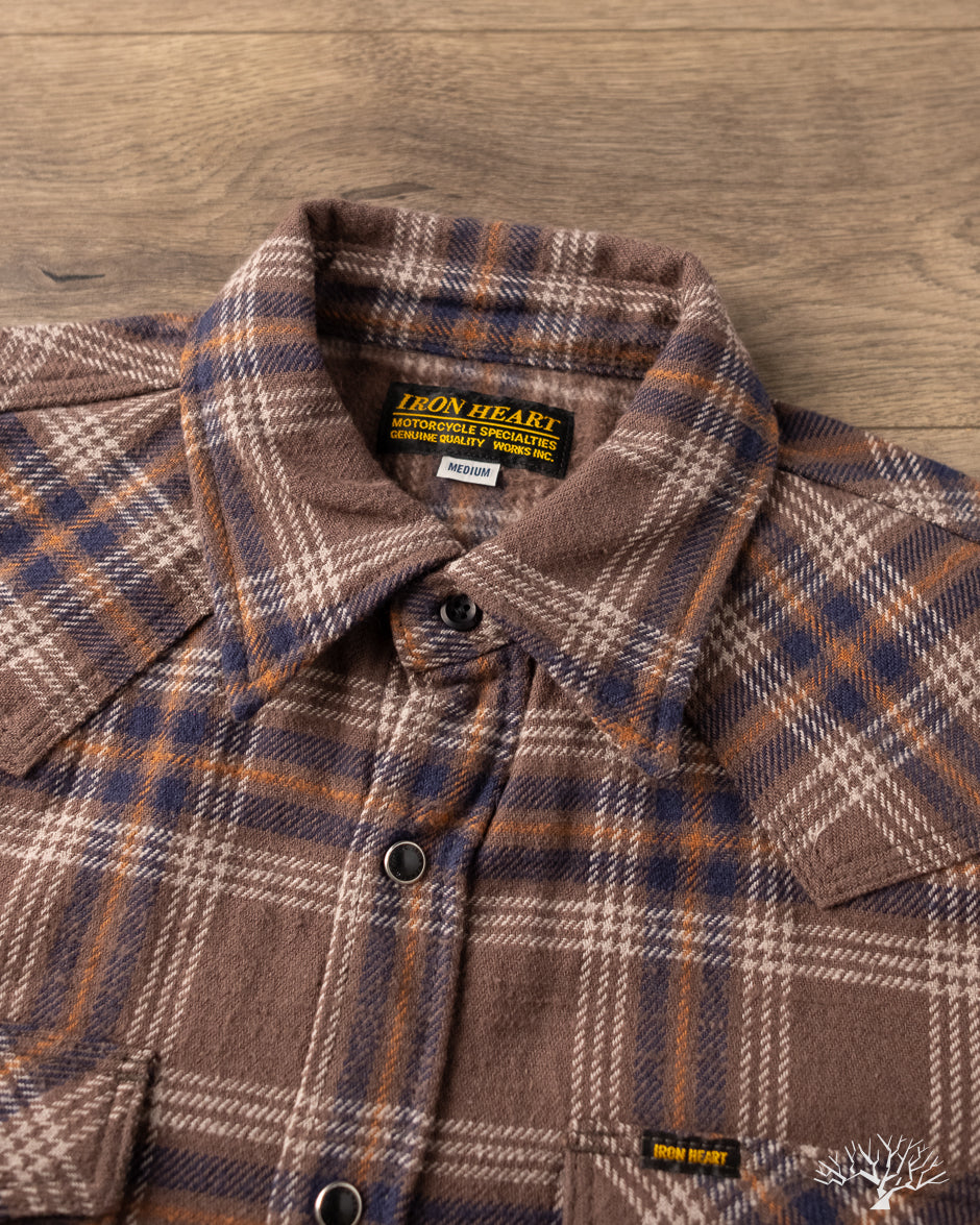 Iron Heart IHSH-431-BRN - Slubby Heavy Flannel Check Western Shirt - Brown