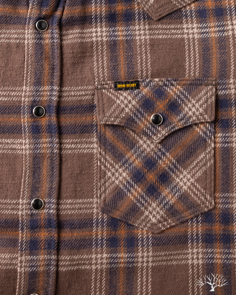 Iron Heart IHSH-431-BRN - Slubby Heavy Flannel Check Western Shirt - Brown