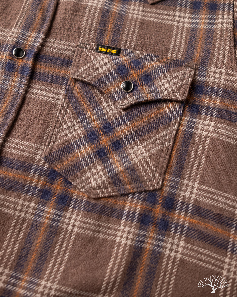 Iron Heart IHSH-431-BRN - Slubby Heavy Flannel Check Western Shirt - Brown