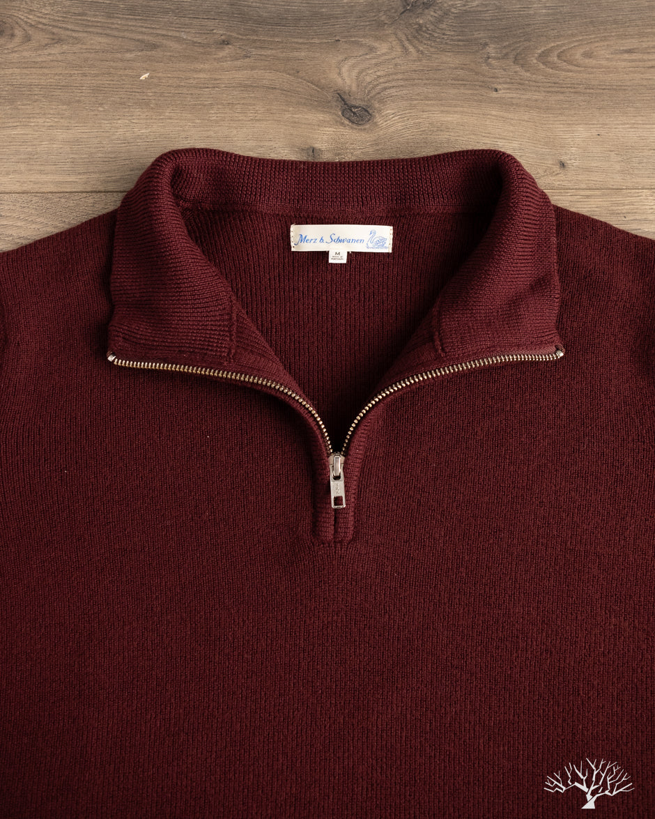 Merz b. Schwanen MWZP04 Merino Wool Ribbed Half-Zip Pullover - Burgundy