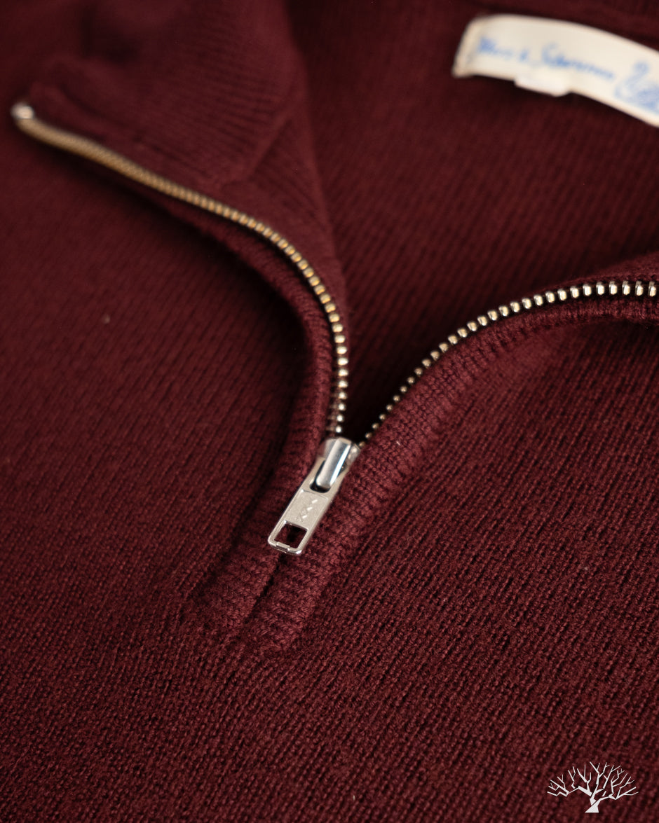 Merz b. Schwanen MWZP04 Merino Wool Ribbed Half-Zip Pullover - Burgundy