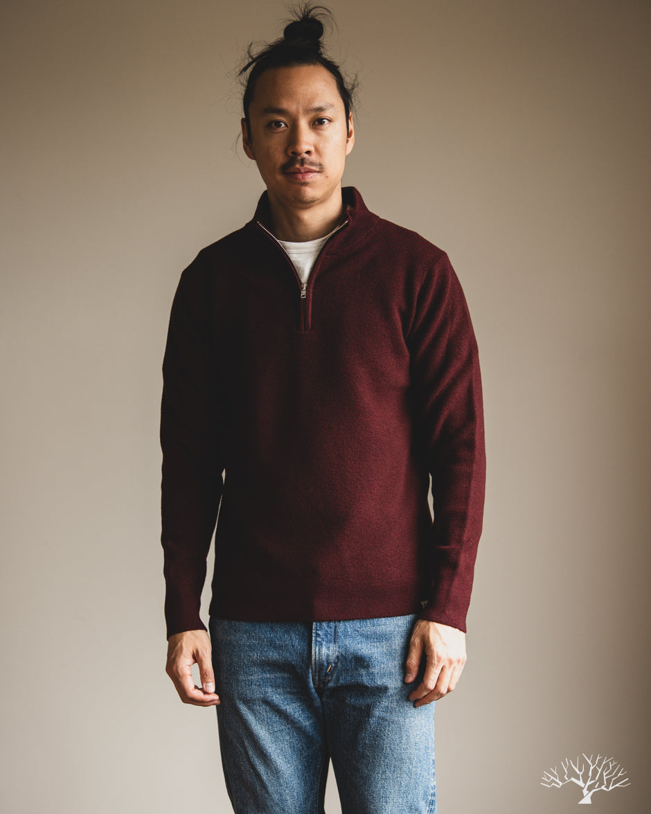 Merz b. Schwanen MWZP04 Merino Wool Ribbed Half-Zip Pullover - Burgundy