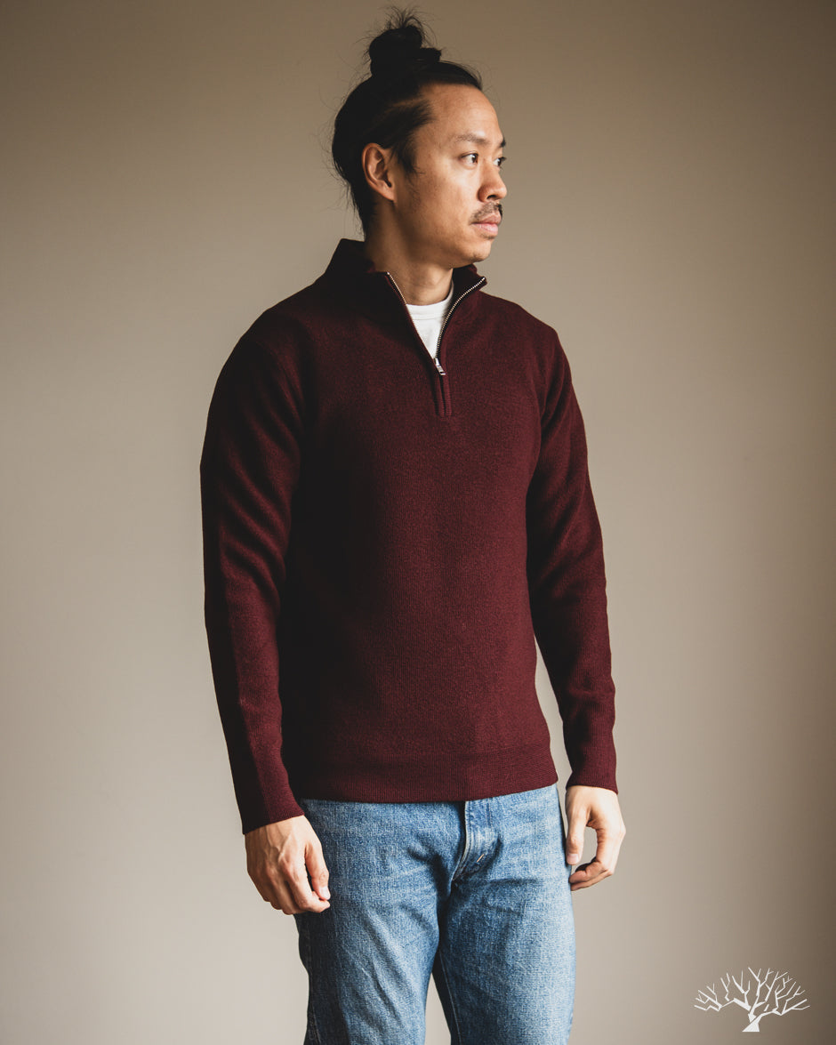 Merz b. Schwanen MWZP04 Merino Wool Ribbed Half-Zip Pullover - Burgundy