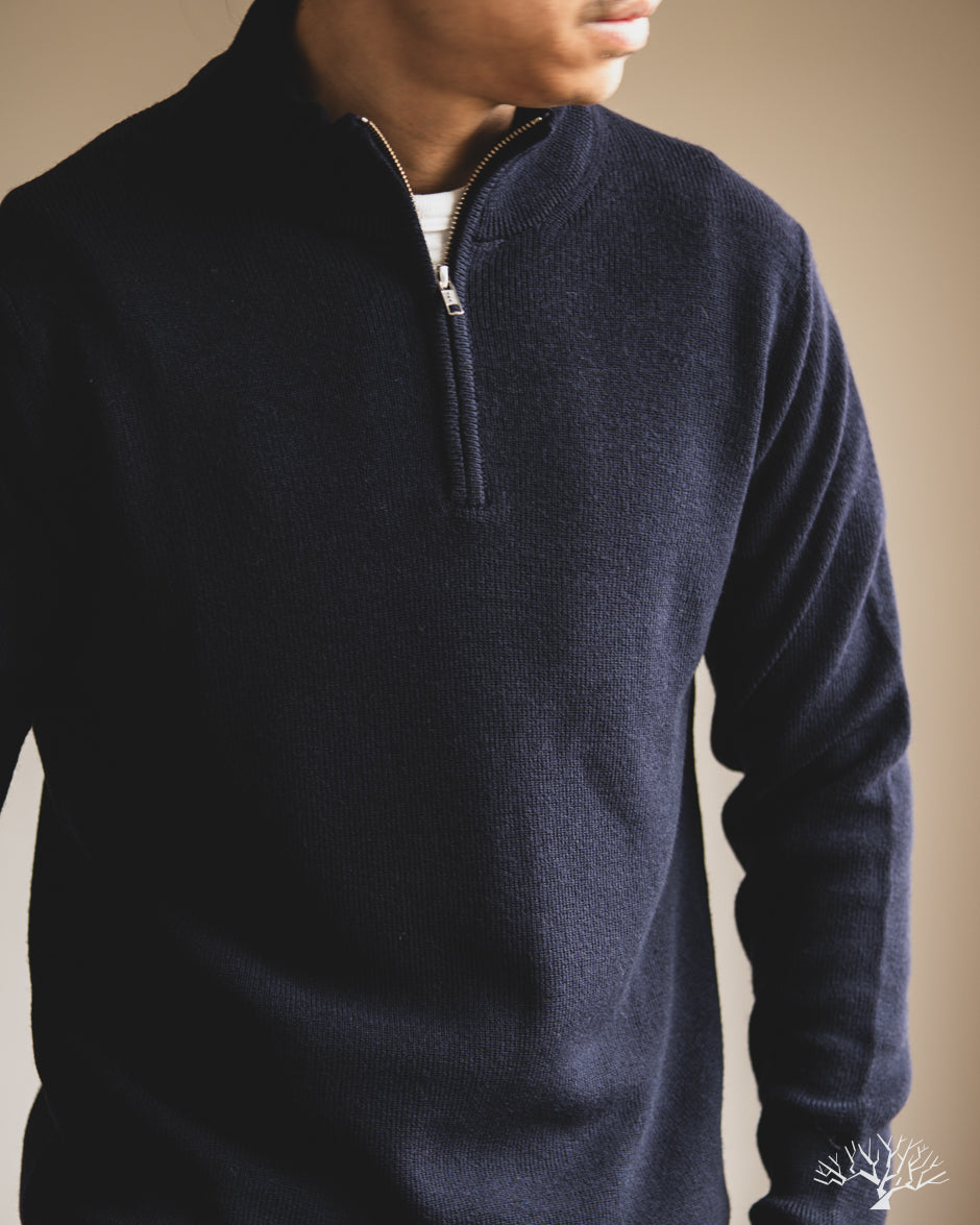 Merz b. Schwanen MWZP04 Merino Wool Ribbed Half-Zip Pullover - Dark Navy