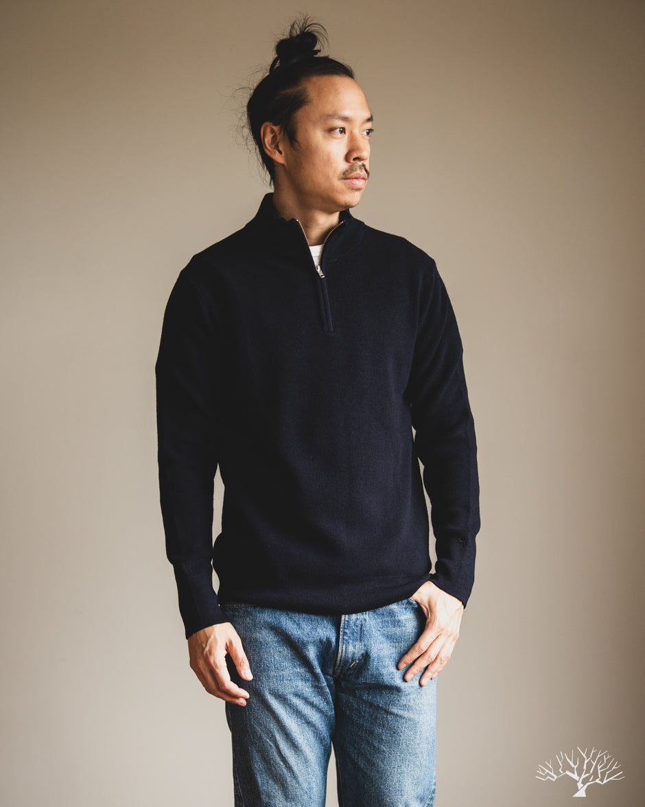 Merz b. Schwanen MWZP04 Merino Wool Ribbed Half-Zip Pullover - Dark Navy