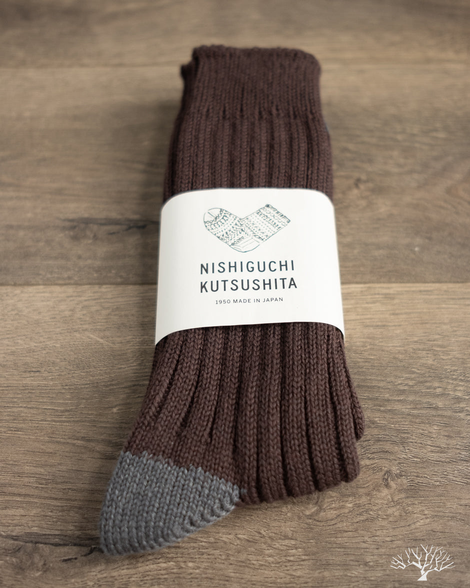 Nishiguchi Kutsushita Luxurious Cotton Ribbed Socks - Brown