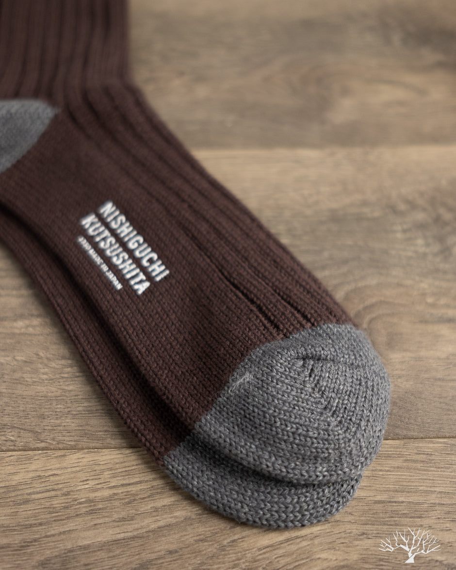Nishiguchi Kutsushita Luxurious Cotton Ribbed Socks - Brown