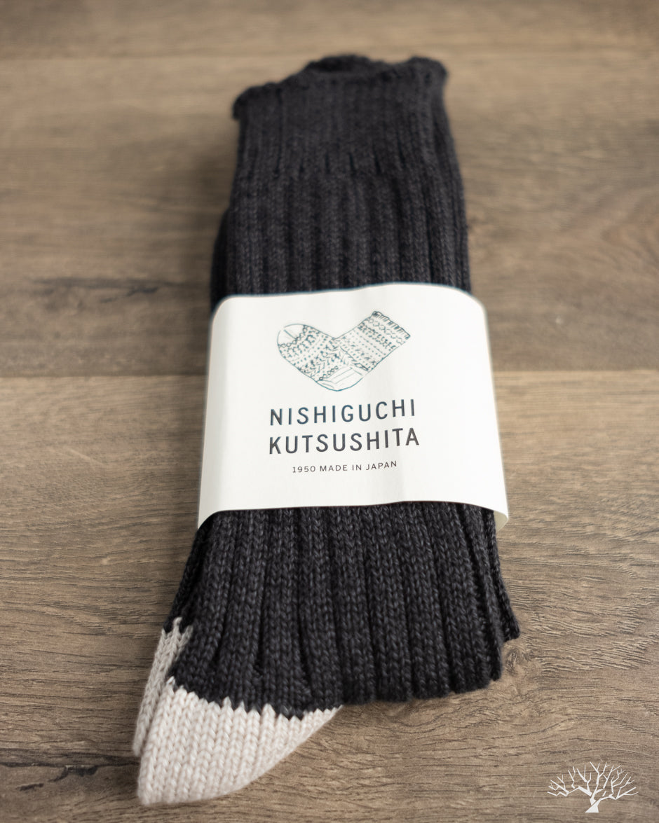 Nishiguchi Kutsushita Luxurious Cotton Ribbed Socks - Charcoal