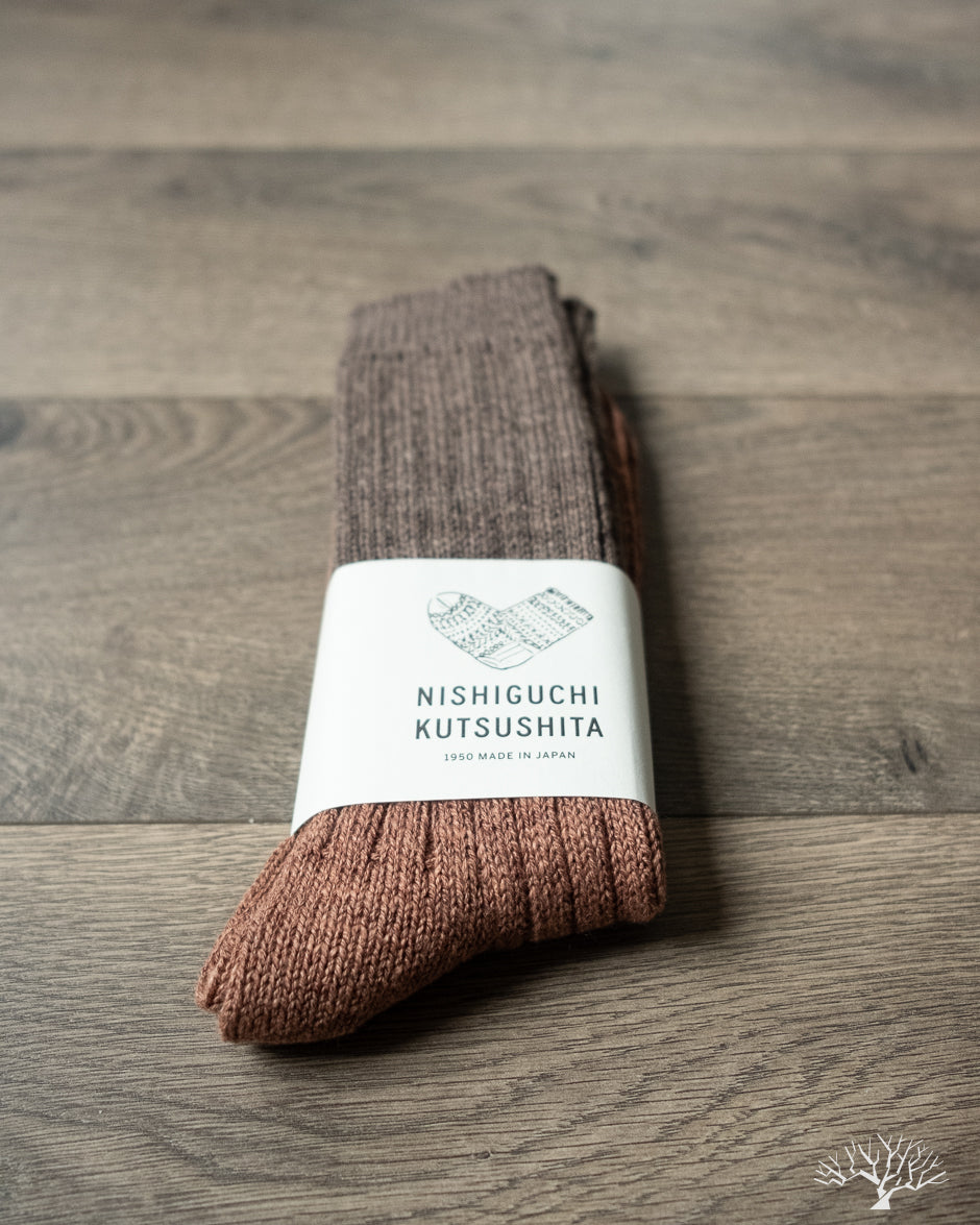 Nishiguchi Kutsushita Wool Cotton Slab Socks - Brown