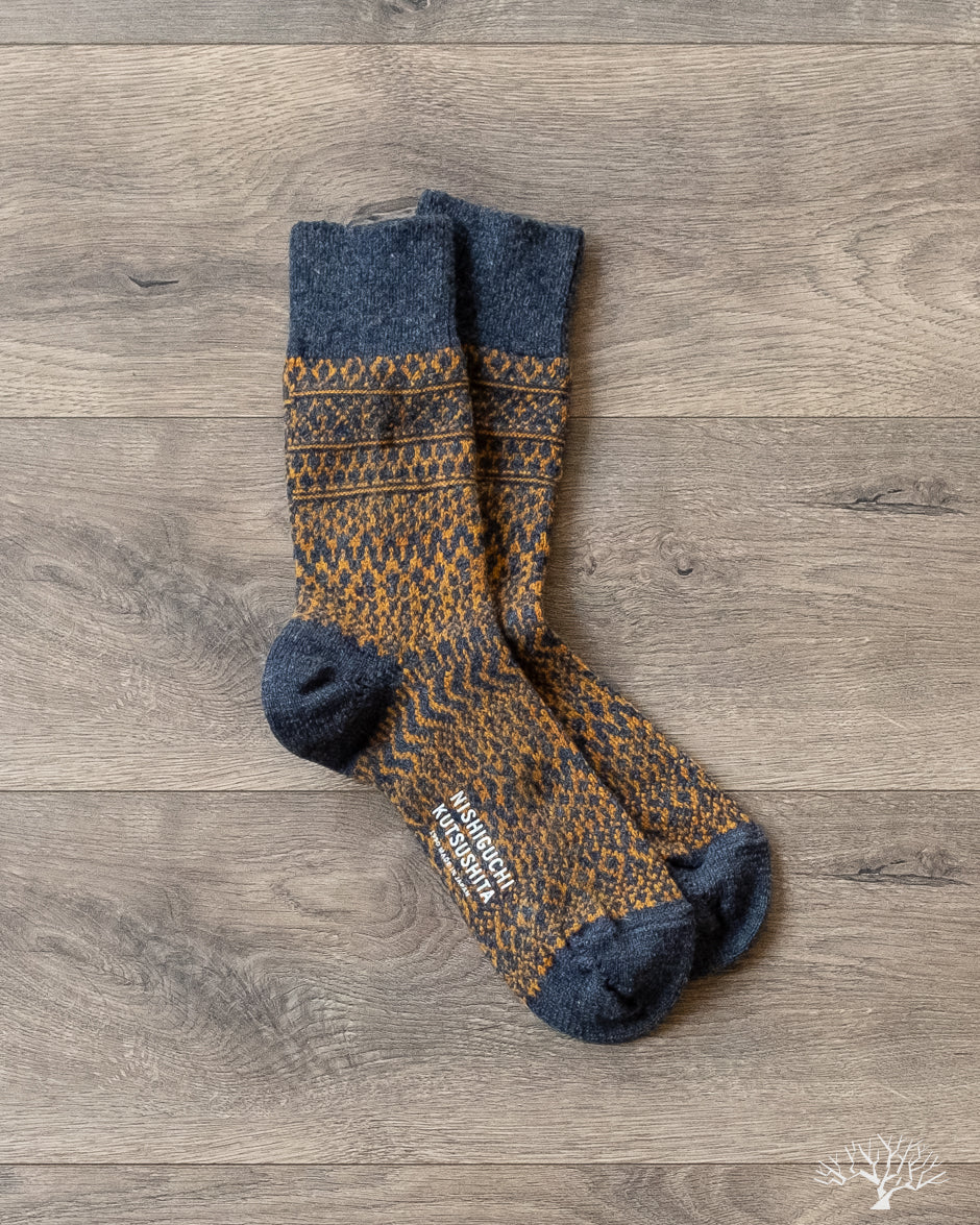 Nishiguchi Kutsushita - Wool Jacquard Socks - Navy – Withered Fig