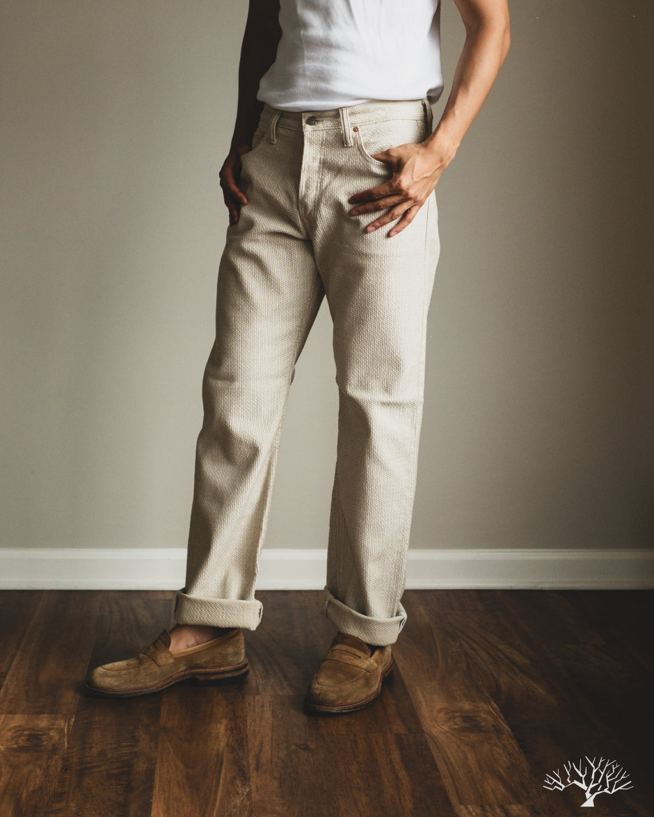 Pure Blue Japan 1178-IV Woven Sashiko 5 Pockets Pants Regular Fit - Ivory x Beige