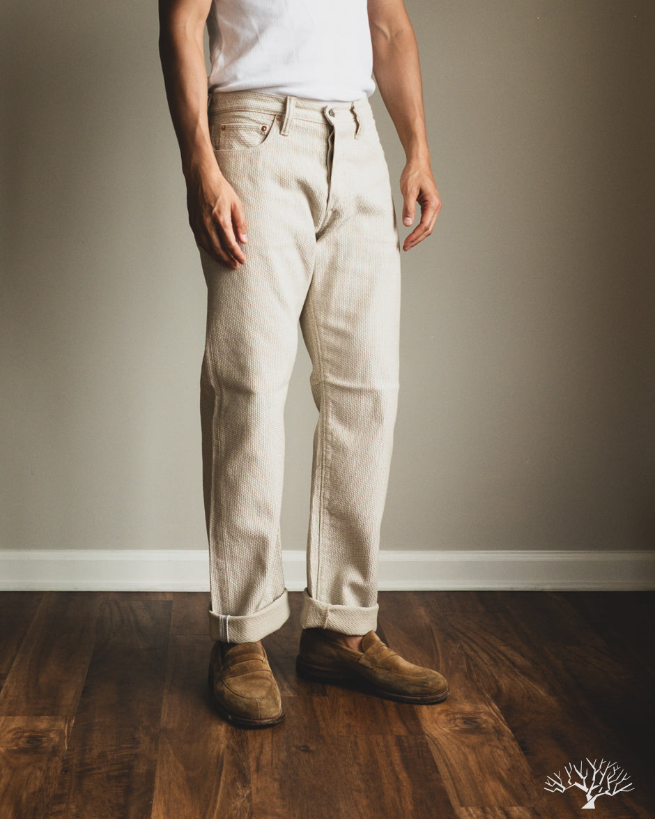 Pure Blue Japan 1178-IV Woven Sashiko 5 Pockets Pants Regular Fit - Ivory x Beige