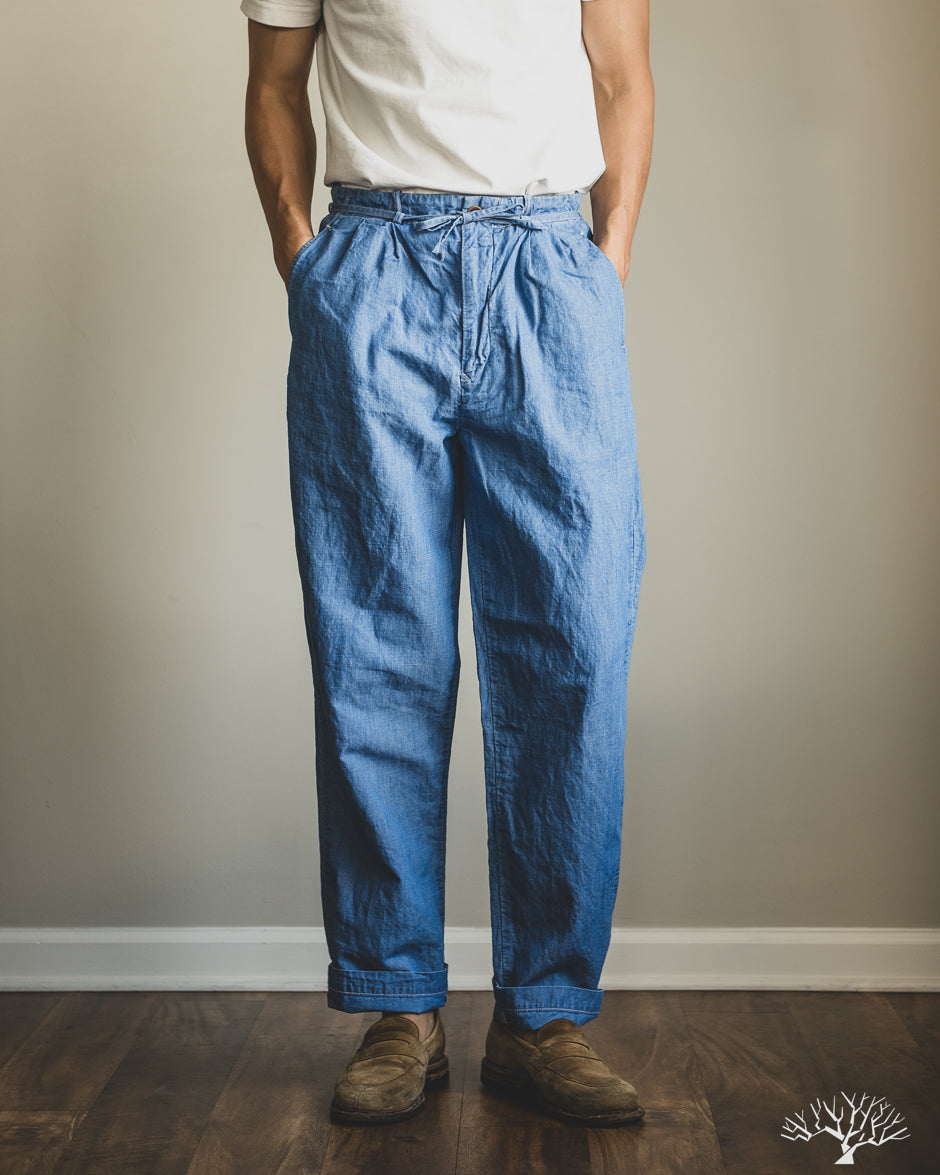 Seuvas - Cotton-Linen Chambray Tapered 2-Tuck Pants - Blue