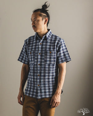 toshi 388  Studio D'Artisan - Noragi Sashiko Short-Sleeve Work Shirt - Indigo