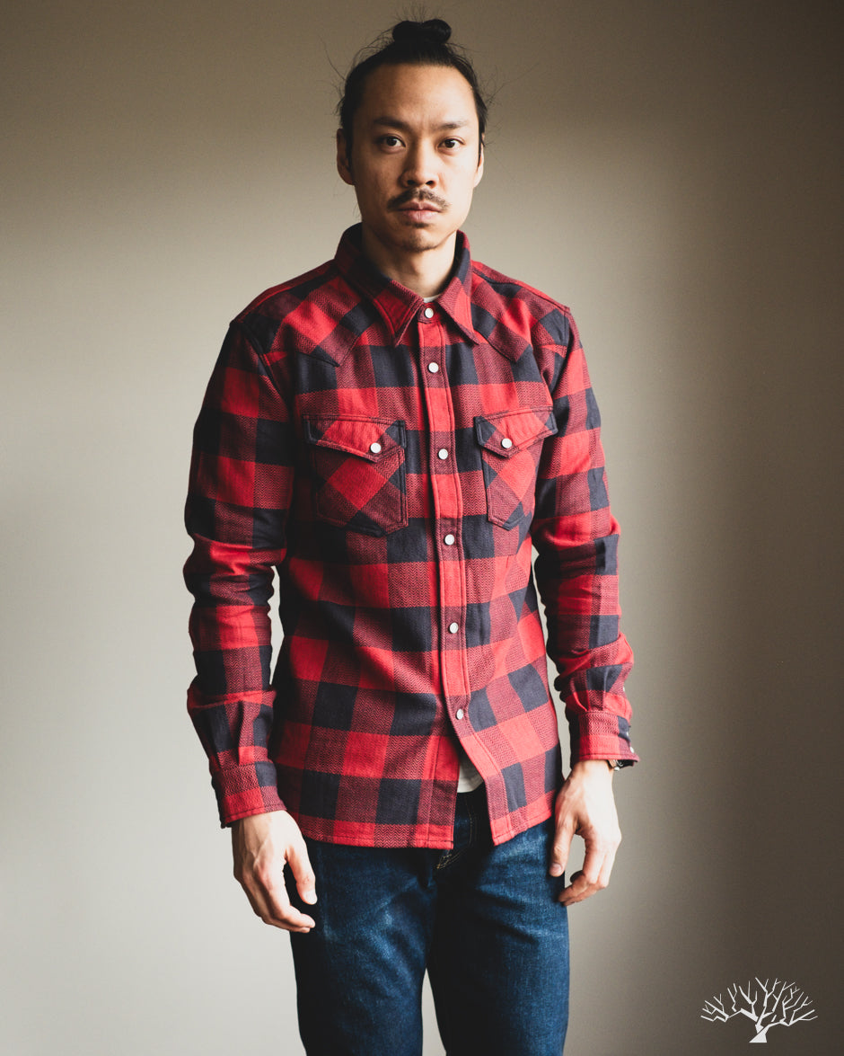 The Flat Head FN-SNW-101L - Block Check Flannel Western Shirt - Red/Light Black