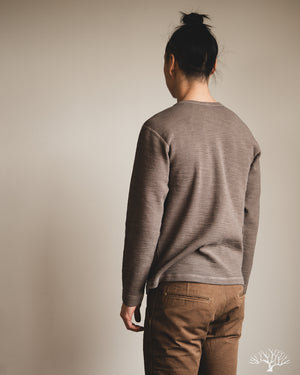 UES - Single Rib Knit Long Sleeve Henley T-Shirt - Beige