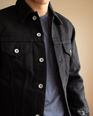 male fan wearing denim jacket customised with mulitiple sew on