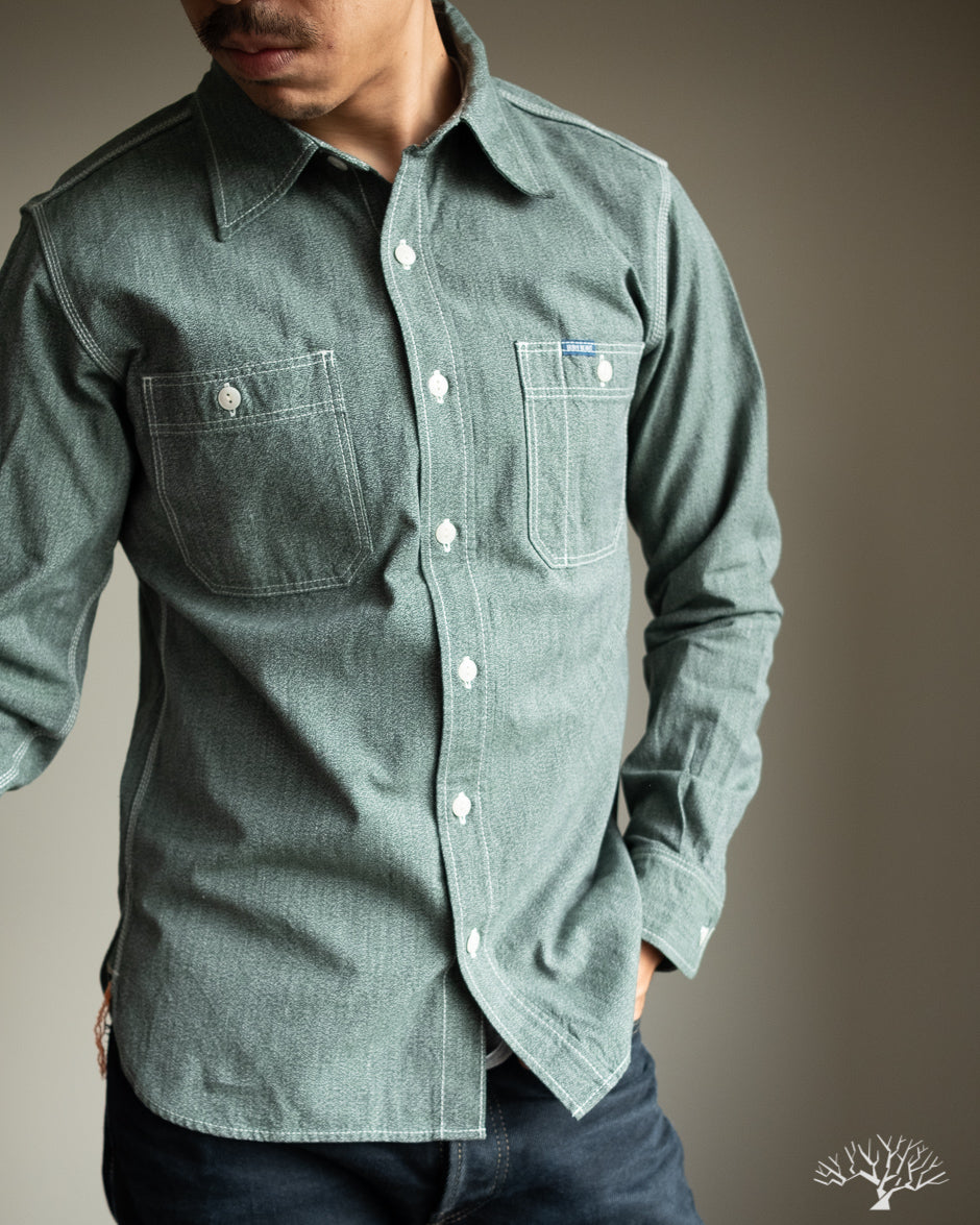 Iron Heart IHSH-290-GRN - 10oz Mock Twist Selvedge Chambray Western Shirt - Green